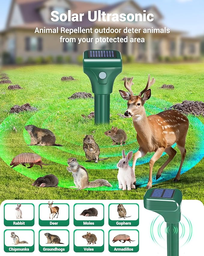 Mole Repellent Solar Powered, 8 Pack Snake Repellent for Yard Rabbit Repellent Outdoor IP65 Waterproof, to Get Rid of Vole, Gopher, Groundhog, Rodent, Chipmunk, Raccoon and Skunk for Lawn & Garden