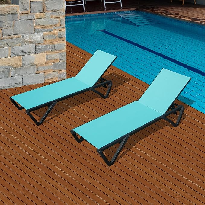 Domi Outdoor Lounge Chair Set of 2, Aluminum Patio Chaise Lounge with 5 Position Adjustable Backrest and Wheels, All Weather Reclining Chair for Patio, Lake Blue