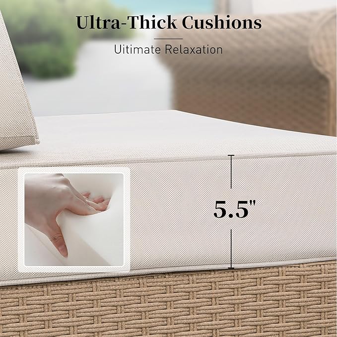Patio Rattan loveseat, 2-Seat Wicker Rattan Sofa with 5.5" Thick Waterproof Cushions, All Weather Outdoor Conversation Set for Lawn Backyard Garden and Deck, Beige