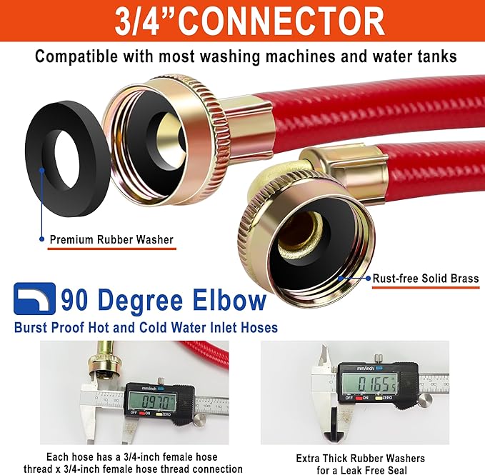 6 FT Washing Machine Hoses with 90 Degree Elbows Universial Rubber Washer Hose No-Lead Burst-proof Hot and Cold Water Supply Hoses for Washing Machine - 2 PACK by Fetechmate