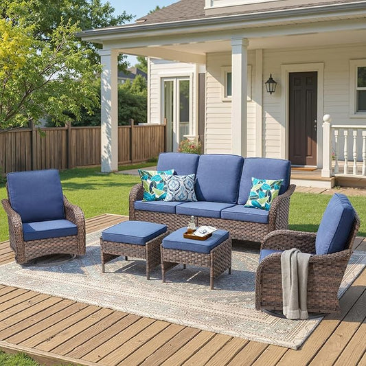 Wicker Patio Furniture Set-5 Pieces All-Weather Wicker Outdoor Furniture with High Back Outdoor Swivel Rocking Chairs Patio Conversation Sets for Garden Porch Deck Brown/Blue