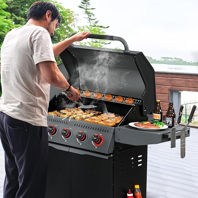 Royal Gourmet GA5407H 5 Burner Propane Gas Grill with Foldable Right-Side Table & Warming Rack, Cabinet Style Gas BBQ Grill for Barbecue Grilling & Backyard Cooking, Black