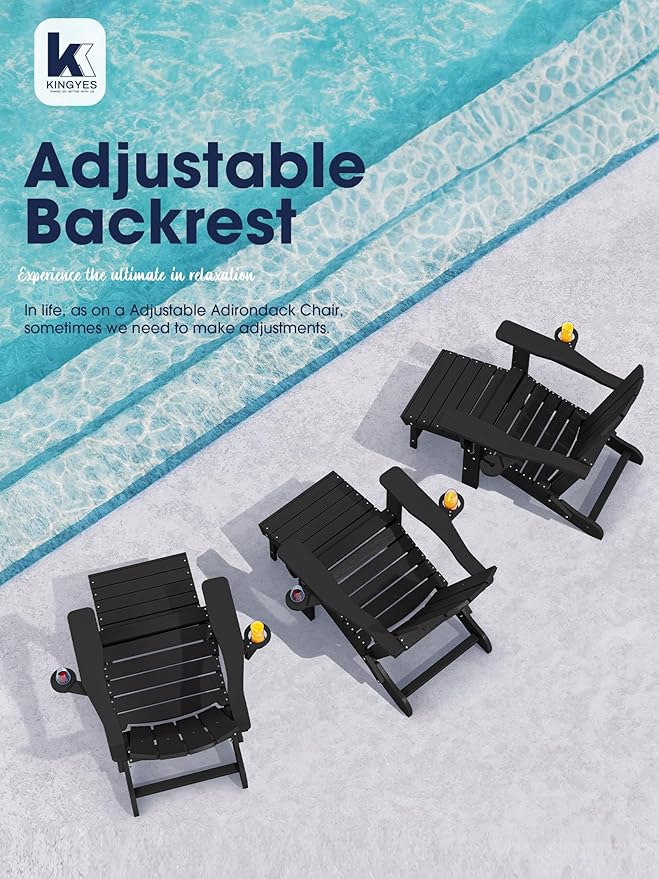 KINGYES Folding Adjustable Adirondack Chair with Retractable Ottoman Set of 2, HDPE Oversized Outdoor Chair with Cup Holder, Wood-Like Reclining Versatile Adirondack Chair, Black
