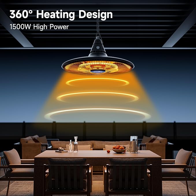 Ceiling Electric Outdoor Heater Wall-Mounted Hanging Patio 1500W Infrared Carbon Fiber Tube Heating Wall Heater for Gazebo, Balcony (Black - Circular Heating)