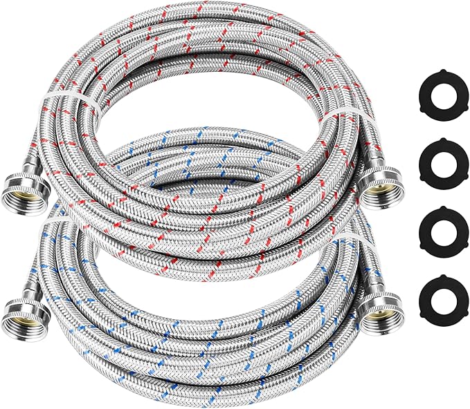 Cenipar 15FT LONG Washing Machine Hoses Straight Stainless Steel Burst Proof 2 Pack - Hot and Cold Water Supply Hoses with 3/4'' Standard NPT Connector Fit for ALL Washing Machine