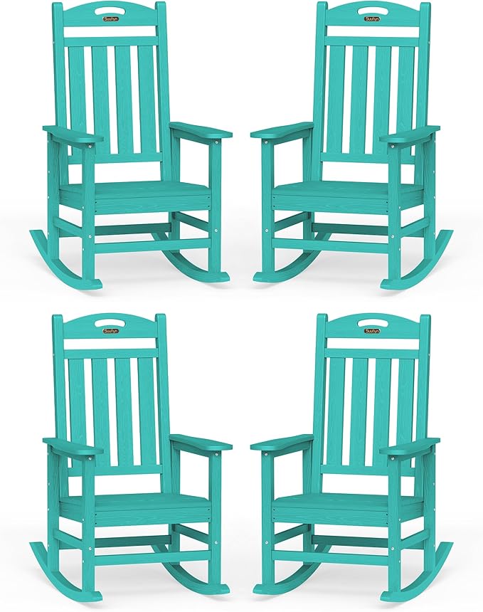 Oversized Outdoor Rocking Chair Set of 4, High Back Porch Rocker Chair, HDPE All Weather Resistant Rocking Chairs for Patio, 383lbs Weight Capacity, Lake Blue