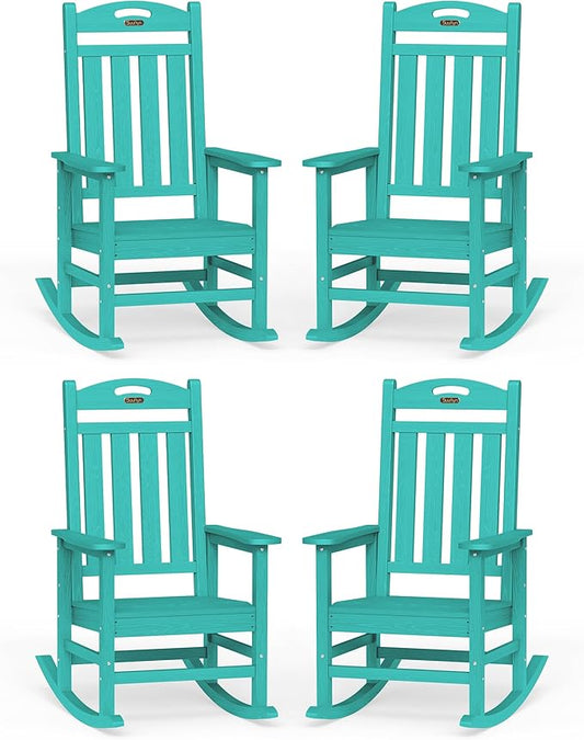 Oversized Outdoor Rocking Chair Set of 4, High Back Porch Rocker Chair, HDPE All Weather Resistant Rocking Chairs for Patio, 383lbs Weight Capacity, Lake Blue