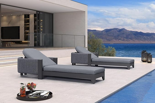 PURPLE LEAF Outdoor Daybed Sun Chaise Lounge Chairs with Cushion Patio Aluminum Adjustable Sunbathing Tanning Reclining Set of 2 Moon Basalt