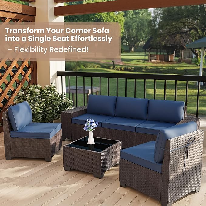 Outdoor Patio Furniture Set, 6 Pieces Outdoor Furniture All Weather Patio Sectional Sofa PE Wicker Modular Conversation Sets with Coffee Table,5 Chairs & Seat Clips Dark Blue