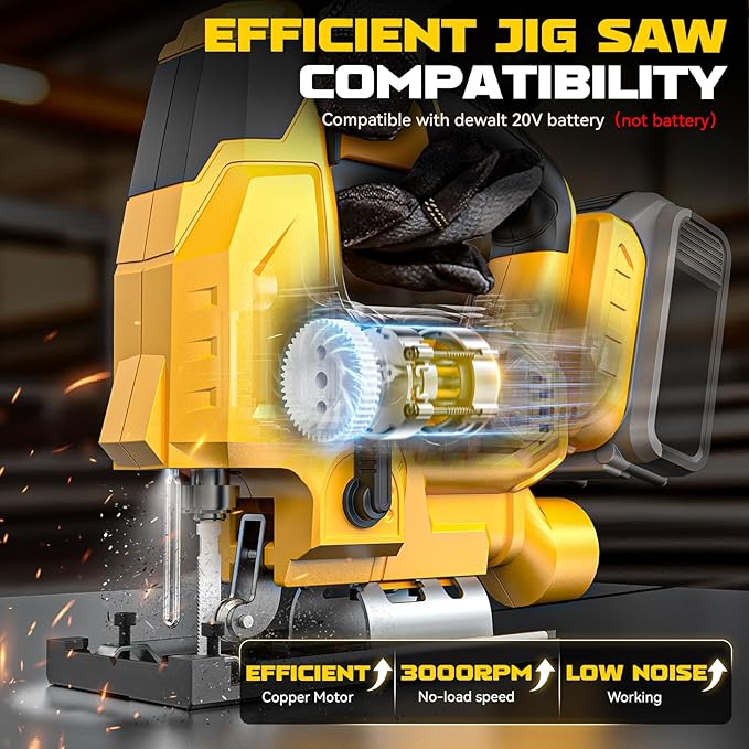 Ecarke Cordless Jig Saw Compatible With Dewalt 20V Max, Brushless, 7 Speeds Dial Control, 4 Orbital Sets, Dust-Blowing, ±45° Bevel Cuts, LED Light and 6PCS Blades For Cutting (Exclude Battery)