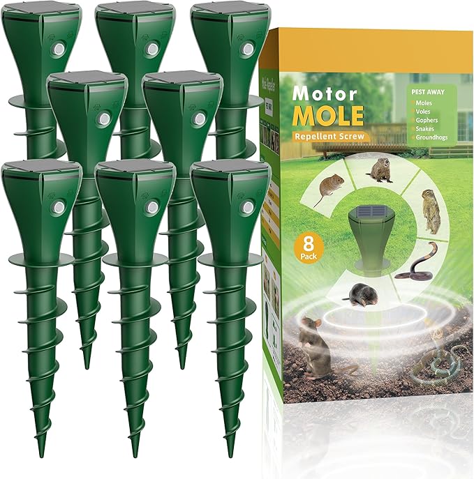 Mole Repellent Solar Powered for Lawns, Waterproof Gopher & Groundhog Repellent with Variable Sonic Vibration, Easy Twist Stakes for Yard & Garden, Get Rid of Voles Snakes (8, Green)