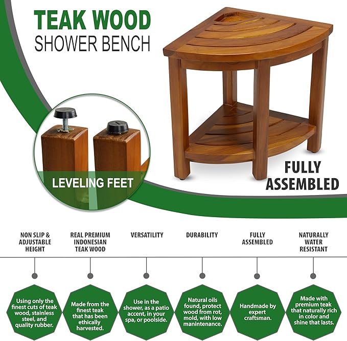 TeakCraft Teak Corner Bench with Shelf and Basket, Fully Assembled, 16 Inch, The Loki