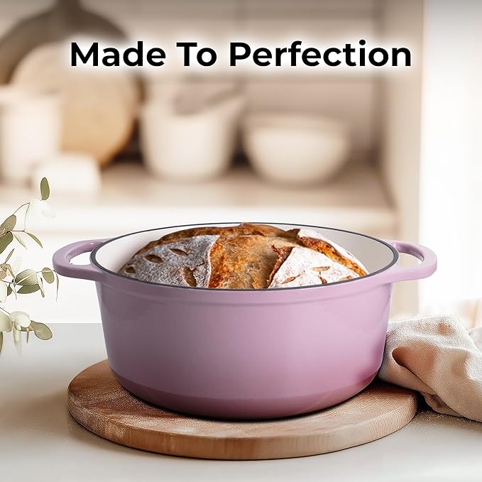 Zulay Kitchen 7.7 Quart Enameled Cast Iron Dutch Oven Pot with Lid – Premium Durability & Oven Safe up to 500°F – Heavy Duty Cookware Perfect for Bread Baking, Stews, Braising & Roasting – Pink