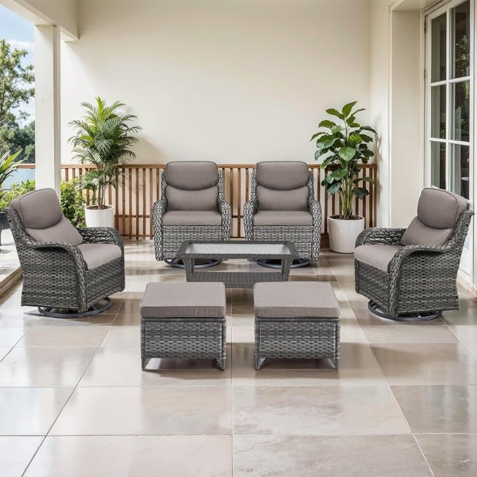 Outdoor Swivel Rocker Patio Chairs Set of 4 with Coffee Table - 5" Thick Cushion 7 Piece Furniture Set All Weather Comfortable Wicker Conversation Set for Porch Deck - Gray/Gray