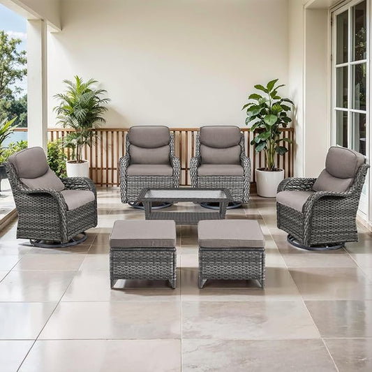 Outdoor Swivel Rocker Patio Chairs Set of 4 with Coffee Table - 5" Thick Cushion 7 Piece Furniture Set All Weather Comfortable Wicker Conversation Set for Porch Deck - Gray/Gray
