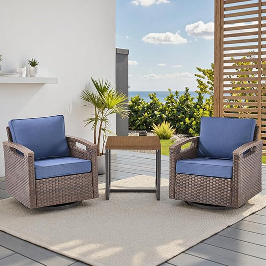 Rilyson Outdoor Patio Swivel Rocking Chairs Set of 2, Patio Bistro Set with All Weather Wicker, Metal Armrest, Deep Seating, Thick Cushions, Side Table, Ideal for Deck Porch Backyard, Brown/Blue
