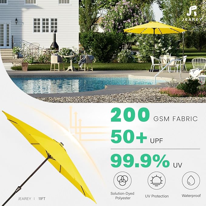 JEAREY 11' Lighted Patio Umbrellas Outdoor Solar Table Market Umbrella w/Crank, 8 Sturdy Ribs, UV Protection Waterproof Sunproof(Yellow)