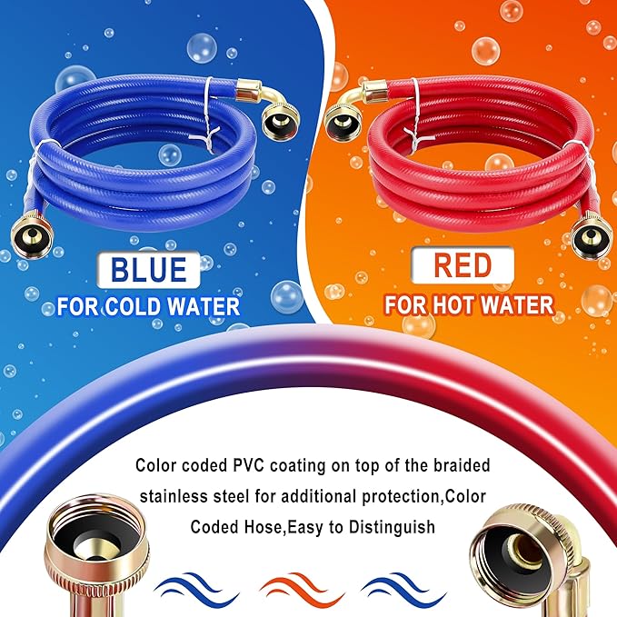 6 FT Washing Machine Hoses with 90 Degree Elbows Universial Rubber Washer Hose No-Lead Burst-proof Hot and Cold Water Supply Hoses for Washing Machine - 2 PACK by Fetechmate