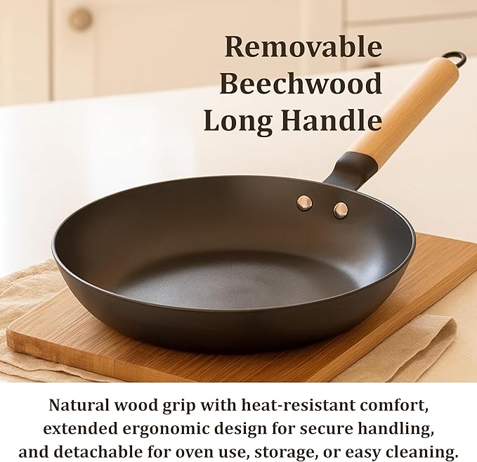 Cuisiland 12” Nitrided Cast Iron Frying Pan – Large-Size Skillet, Rust-Resistant, Naturally Non-Stick, Removable Beechwood Long Handle, Classic Cast Iron Heat Retention