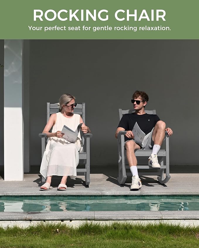 Oversized Outdoor Rocking Chair, High Back Porch Rocker Chair, HDPE All Weather Resistant Rocking Chairs for Patio, 380lbs Weight Capacity, Grey
