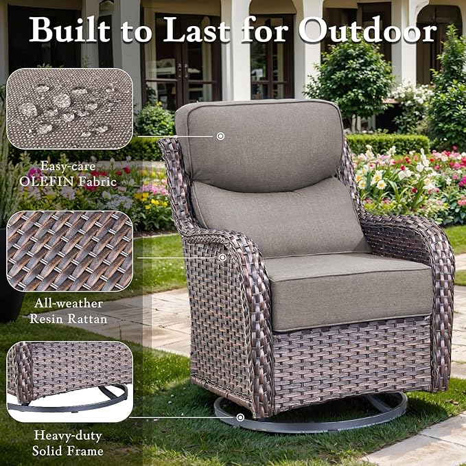 Luxury High Back Outdoor Furniture with 6-inch Extra Thick Cushions, Patio Furniture Set with Swivel Chairs, 8 PCS Wicker Conversation Set for Yard, Deck, Poolside, Brown/Grey
