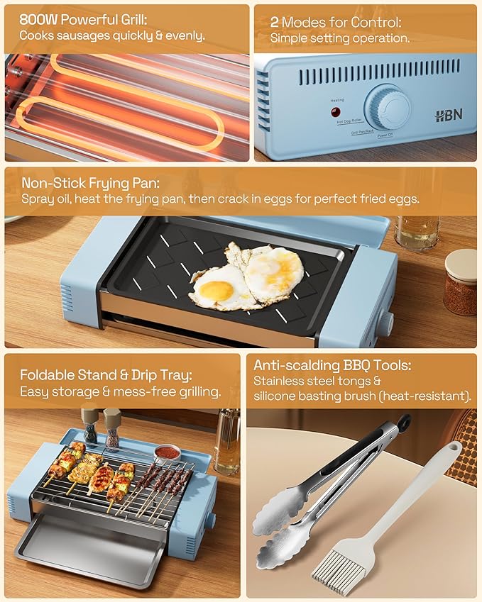 HBN 3-in-1 Hot Dog Roller Grill Machine with Nonstick Plate & Grill Rack, 800W Compact Indoor Electric Sausage Griller for Kitchen, Home, Small Space Use (Sky Blue)