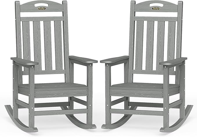 Oversized Outdoor Rocking Chair Set of 2, High Back Porch Rocker Chair, HDPE All Weather Resistant Rocking Chairs for Patio,Grey