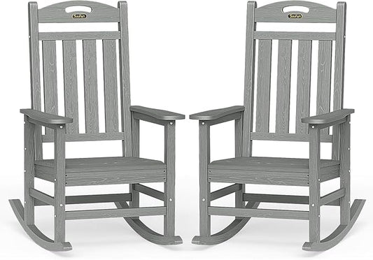 Oversized Outdoor Rocking Chair Set of 2, High Back Porch Rocker Chair, HDPE All Weather Resistant Rocking Chairs for Patio,Grey