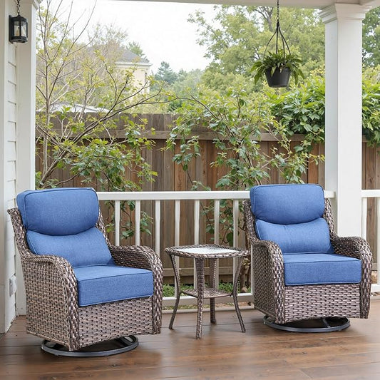 Swivel Patio Chairs Set of 3 with 6" Thick Cushion - Wicker Outdoor Swivel Rocker Patio Chairs with Side Table, High Back Comfortable Outdoor Glider Chairs - Brown Wicker Blue Cushion