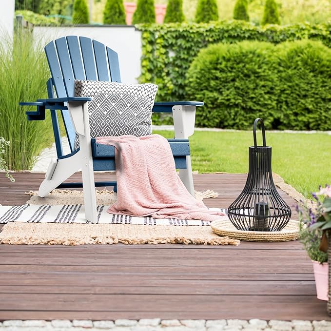 FUNBERRY Folding Adirondack Chair Set of 4, Blue & White All Weather HDPE Fire Pit Chairs with Cup Holder for Outdoor