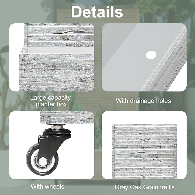 Metal Planter Boxs with Trellis & Wheels for Outdoor Plants, Vines, Large Raised Garden Beds with Drainage Holes for Patio (35" L, Gray Oak Grain)