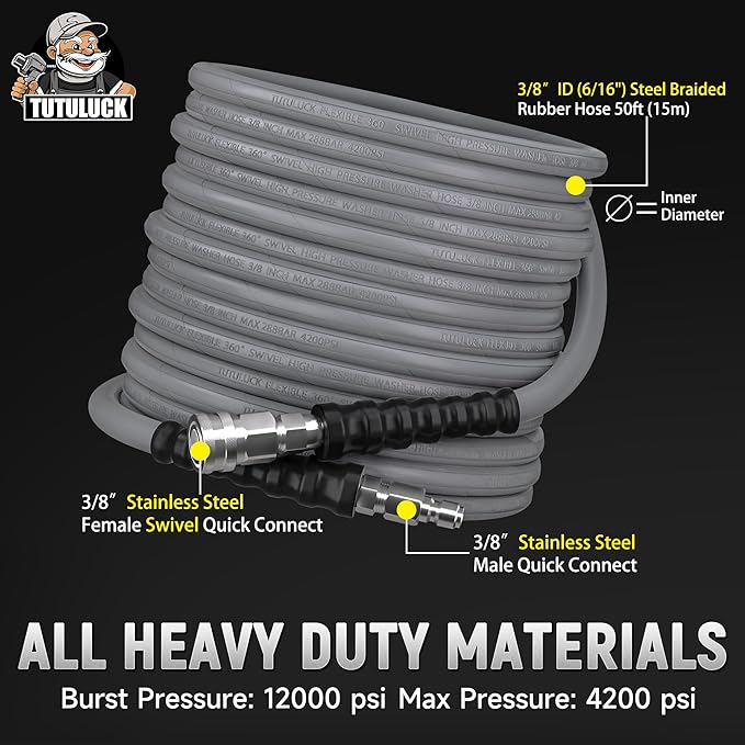 3/8" Kink Resistant Pressure Washer Hose 50FT, Swivel 3/8" Quick Connector and M22 Fitting, Supporting Up to 4200 PSI for Heavy Duty Use, Fitting Most Pressure Washers