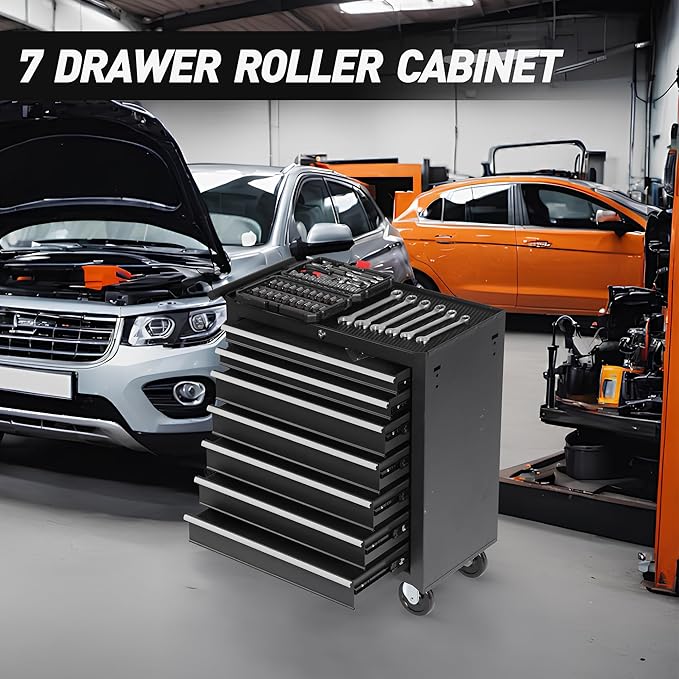 7 Drawers Tool Cart on Wheels, Multifunctional Rolling Storage Tool Chest,Drawers Rolling Tool Trolley Organizer Case for Garage,Warehouse,Workshop,Repair Shop (7 Drawers - Black)
