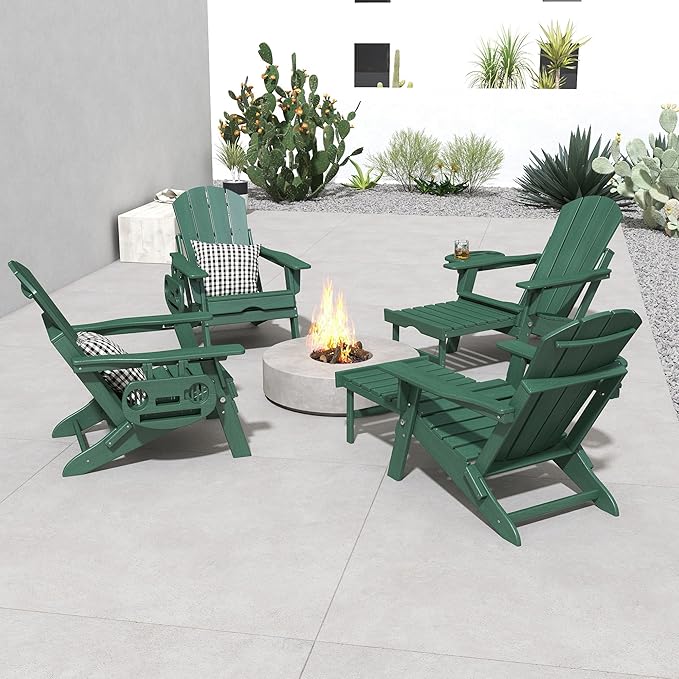 FOOWIN Adirondack Chair with Retractable Ottoman,HDPE Folding Adjustable Adirondack Chair w/4 in 1 Cup Holder Trays,All-Weather Resistant Fire Pit Chair for Outdoor Patio Lawn Set of 8