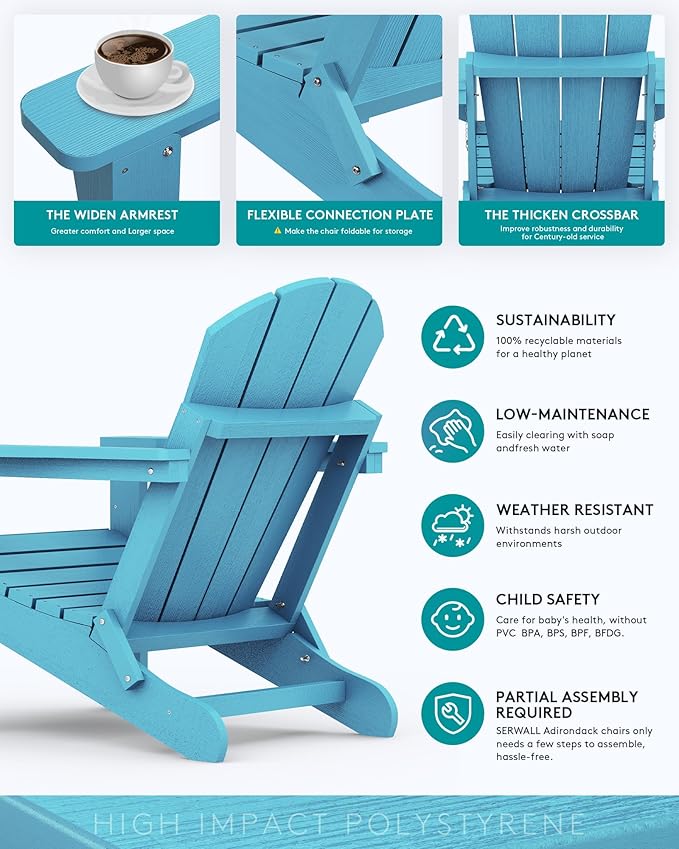 SERWALL Folding Adirondack Chair Outdoor Adirondack Chairs Weather Resistant Patio Chair Fire Pit Chairs - Light Blue