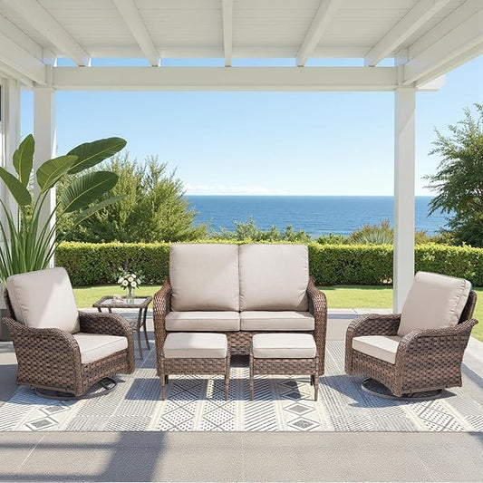 Wicker Patio Furniture Set, 6 Pieces Outdoor Wicker Sofa with Swivel Patio Chairs, Glass Side Table, Ottomans, All Weather High Back Rattan Loveseat Couch with Comfy Cushions, Brown/Beige