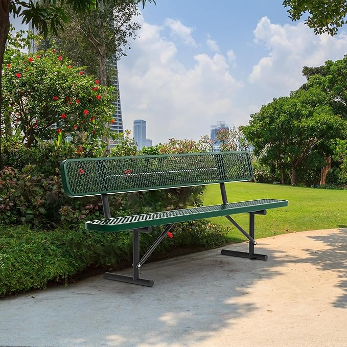 8 Feet Heavy Duty Metal Park Bench for Outside, Outdoor Bench with Backrest & Portable Frame, Commercial Benches for Shopping Malls, Stores, Parks, Patios, Decks, Green