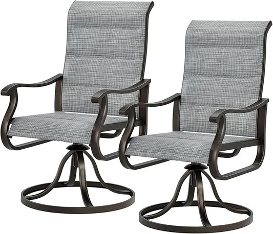 UDPATIO Patio Swivel Chairs Set of 2, Outdoor Dining Chairs High Back with Padded All Weather Breathable Textilene, Metal Rocking Frame for Backyard Lawn Garden, Grey White