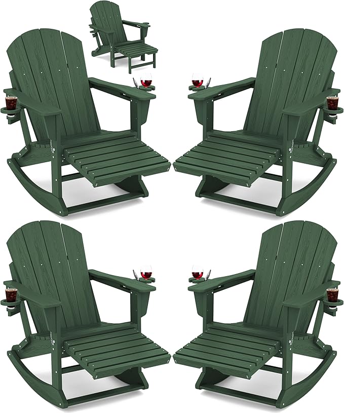 KINGYES Adirondack Rocking Chair Set of 4 with Retractable Ottoman and Cup Holders, HDPE Adirondack Rocker Patio Rocking Chair for Porch, Patio, Balcony, Green
