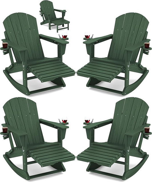 KINGYES Adirondack Rocking Chair Set of 4 with Retractable Ottoman and Cup Holders, HDPE Adirondack Rocker Patio Rocking Chair for Porch, Patio, Balcony, Green