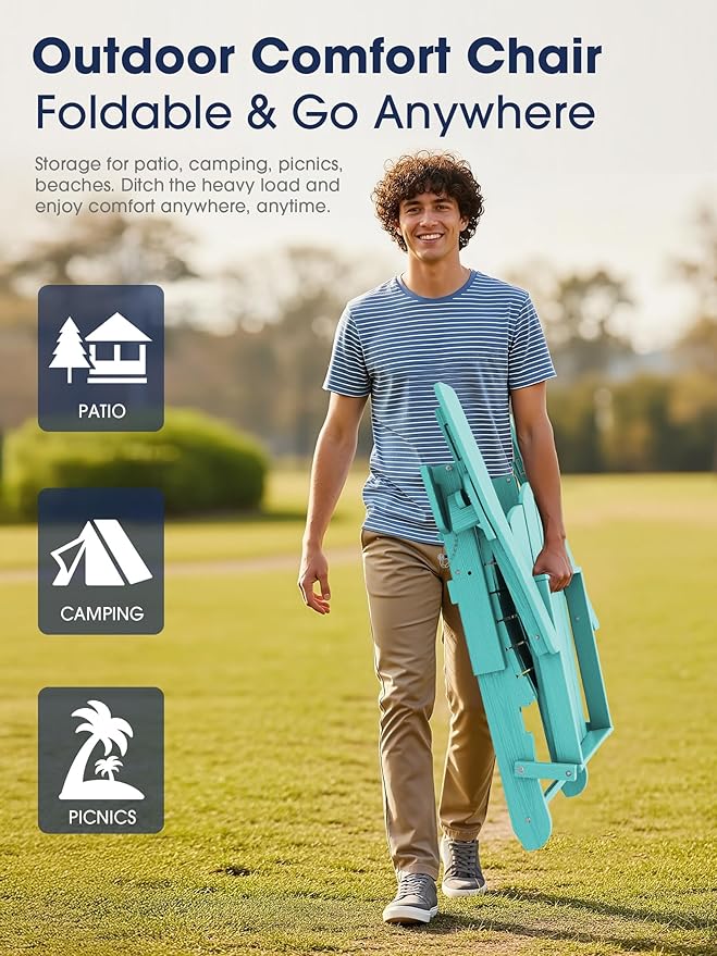 KINGYES Adjustable Folding Adirondack Chair, 3-Position Reclining Adirondack Chairs with Cup Holder, HDPE All-Weather Oversized Adirondack for Outdoor, Patio, Backyard Deck, Fire Pit, Aruba Blue