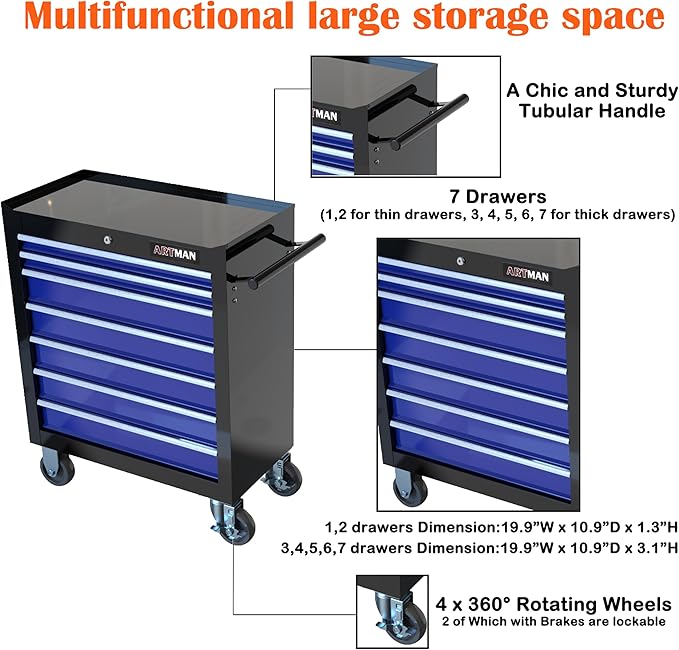 7 Drawers Tool Cart on Wheels,Multifunctional Rolling Tool Chest Tool Storage,Drawers Rolling Tool Trolley Organizer Tool Case for Garage, Warehouse, Workshop, Repair Shop (Black+Blue)
