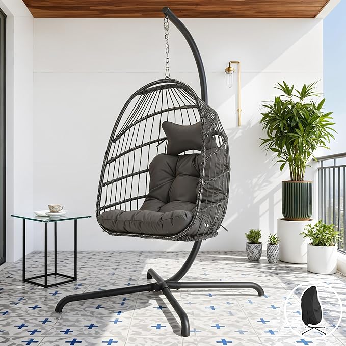 BLUEXYARD Outdoor Egg Chair Swing with Stand and Cover, 350 Lbs Rattan Wicker Egg Hanging Chair with Cushion, Compact Foldable Basket Hammock for Balcony Apartment Garden Backyard Bedroom, Dark Grey