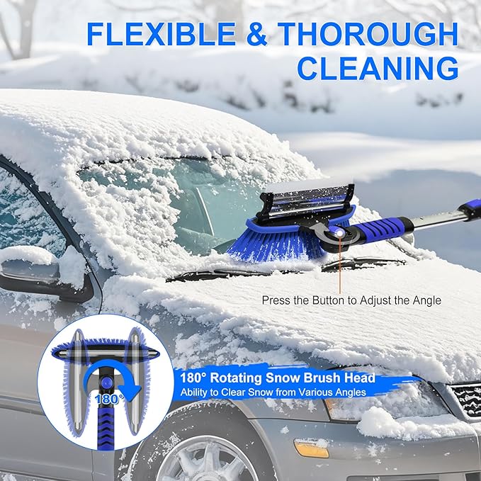 62.4" Foldable Snow Brush and Ice Scrapers for Car Windshield, Adjustable & Extendable Ice Removal Tool with Non-Slip Foam Grip, 180° Pivoting Snow Brush for Car, SUV, Truck, Blue