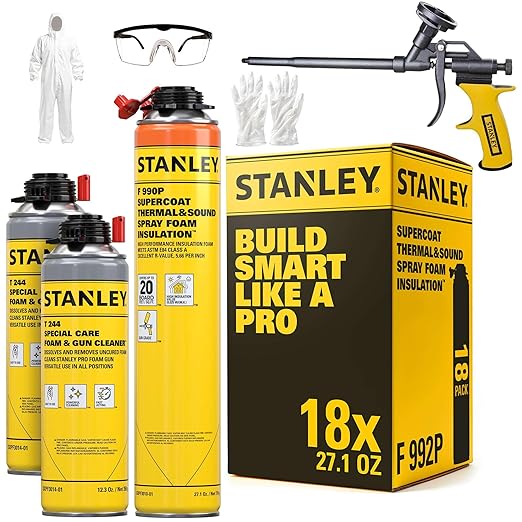 STANLEY F 990P Supercoat Spray Foam Insulation Kit - Closed Cell Spray Foam Covers Up to 360 Sq.Ft.,(11.32/2 inch R-Value) - Including Gun, Cleaner, Safety Items - 27.1 oz, 18 Pack