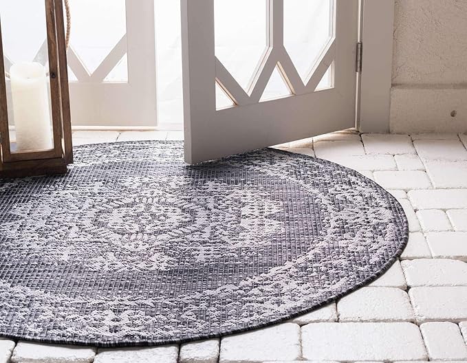 Unique Loom Outdoor Traditional Collection Area Rug - Timeworn (4' 1" Round, Charcoal Gray/ Gray)