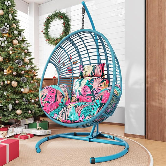 Hanging Egg Chair with Stand - Egg Swing Chair Outdoor Indoor Patio Wicker Chair Swing Hammock Egg Chairs 400lbs Capacity for Outside Patio, Bedroom, Garden and Balcony (SkyBlue-Regular, 1 PC)