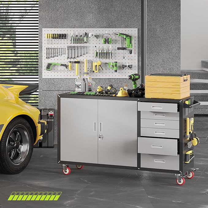 55"W Heavy Duty Rolling Workbench with Drawers and Storage,1000 LBS Capacity Work Bench with Lockable Cabinet & Adjustable Shelf,Garage Workbench with Pegboard & Wheels for Garage/Repair Shop
