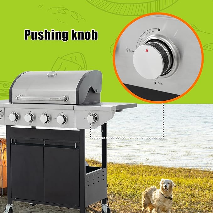 4 Burner Propane Gas Grill with Side Burner, 46,500 BTU Stainless Steel BBQ Grill with Foldable Shelves, Thermometer, Wheels, Ideal for Patio, Backyard, Outdoor Cooking, Barbeque