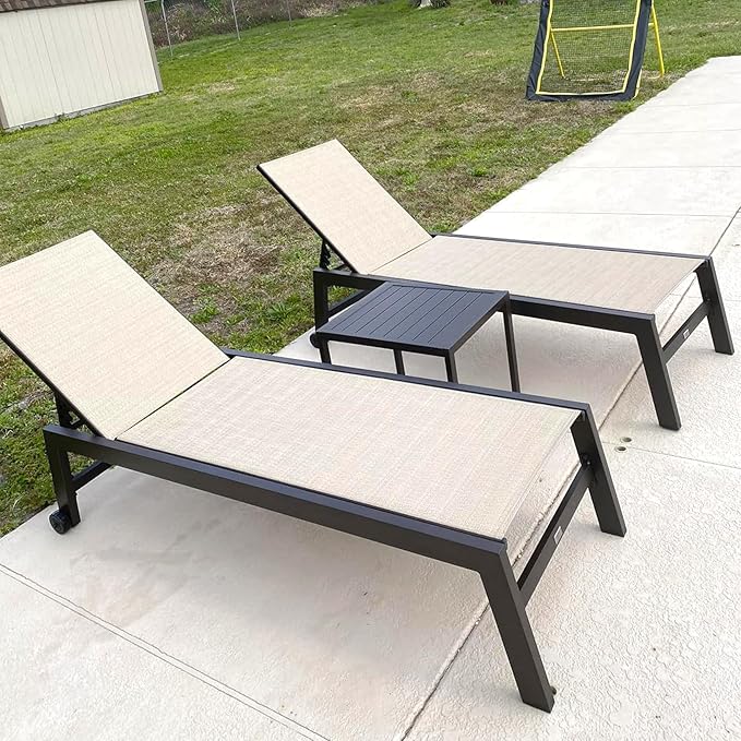 PURPLE LEAF Patio Chaise Lounge Set of 3, Outdoor Chaise Lounge with Adjustable Backrest and Wheels for Deck, Pool, Lawn, Garden, Waterproof & Easy Assembly, Cream